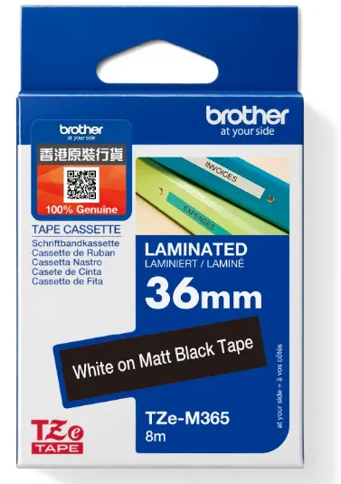 Brother TZe-M365 標準啞面覆膜保護層標籤帶 消光黑底白字 (36mm X 8M)