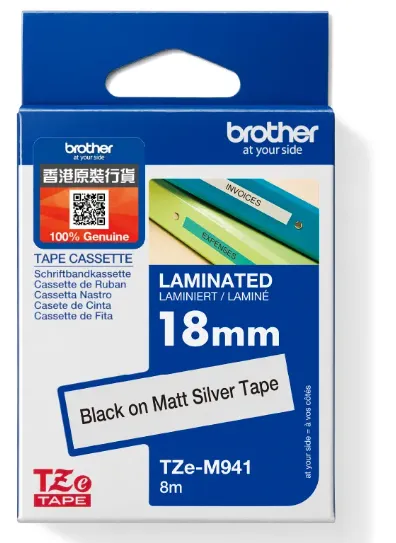Brother TZe-M941 標準啞面覆膜保護層標籤帶 啞光銀底黑字 (18mm X 8M)