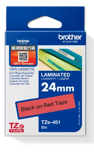 Brother TZe-451 標準覆膜保護層標籤帶 紅底黑字 (24mm X 8M)