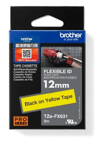 Brother TZe-FX631 特強过胶保护层标签带 弹性标签带 黃底黑字 (12mm X 8M)