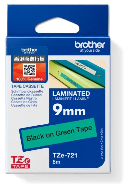 Brother TZe-721 特強過膠保護層標籤帶 綠底黑字 (9mm X 8M)