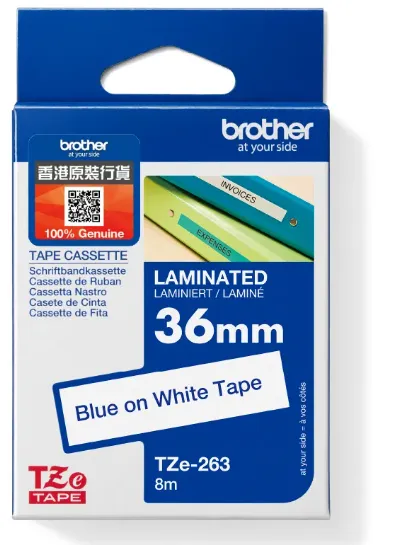 Brother TZe-263 標準覆膜保護層標籤帶 白底藍字（36mm × 8M）