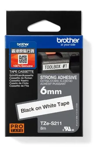 Brother TZe-S211 Strong Adhesive Laminated Label Tape, Black on White (6mm X 8M)