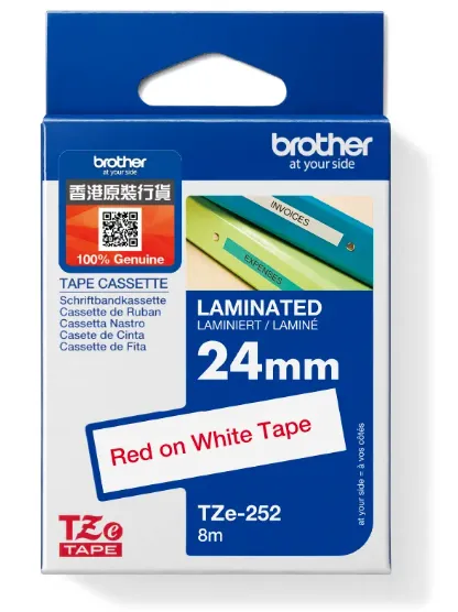 Brother TZe-252 標準覆膜保護層標籤帶 白底紅字 (24mm X 8M)