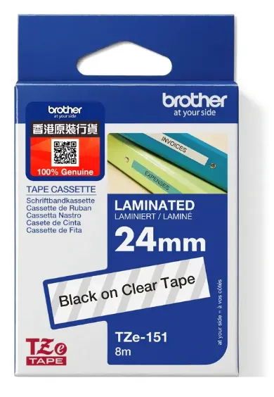 Brother TZe-151 標準覆膜保護層標籤帶 透明底黑字 (24mm X 8M)