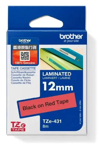 Brother TZe-431 特強過膠保護層標籤帶 紅底黑字 (12mm X 8M)